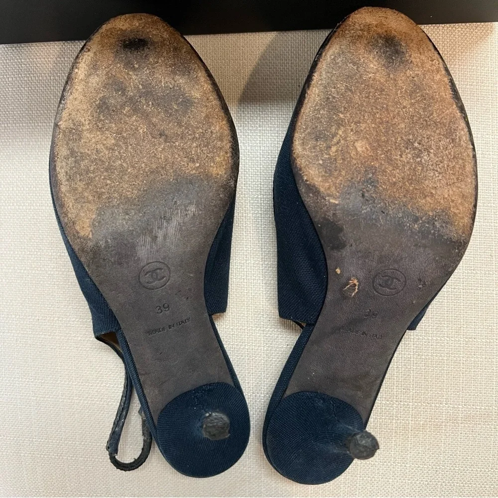 Chanel Vtg CC Logo Black Slingback Camelia Raffia Heels Peep Toe Shoes Y2W 8 - Picture 11 of 17